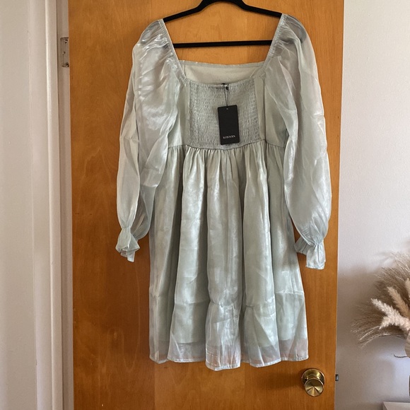 Womens Puff Sleeve Square Neck Puffy Dress Babydoll Mesh Mini Dress - Picture 2 of 5